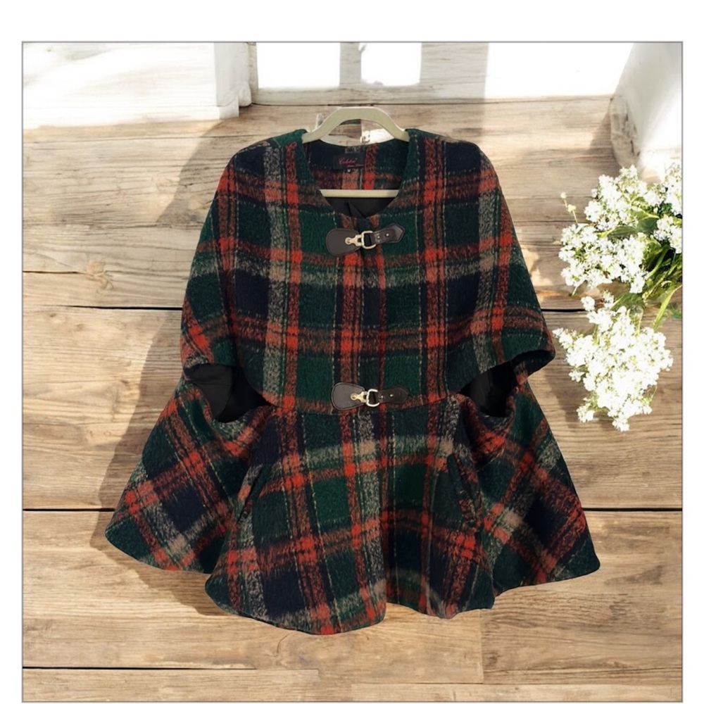 VTG Tartan Plaid Cape Coat navy/green/orange lined button snap closure-Sz M-EUC😍